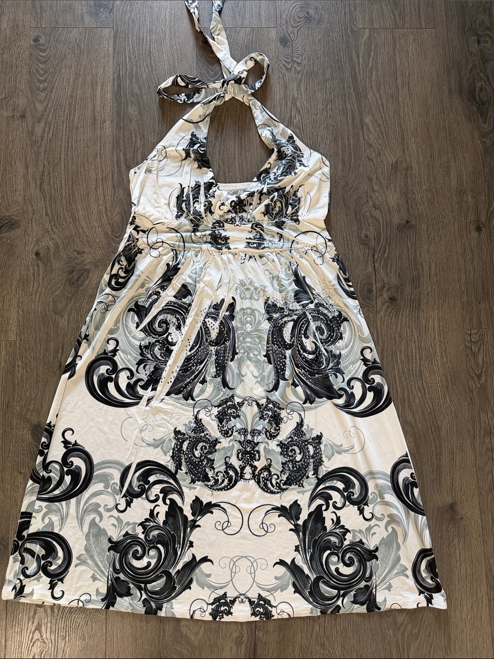 Cristinalove White, Black & Gray Halter Dress with Black Scroll Print